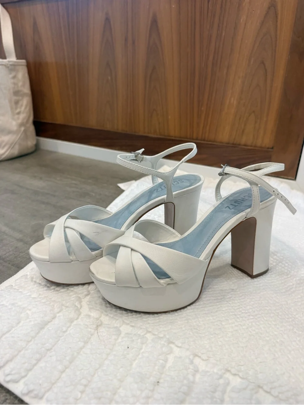 SCHUTZ White Platform Slingback Sandals with Blue Insole